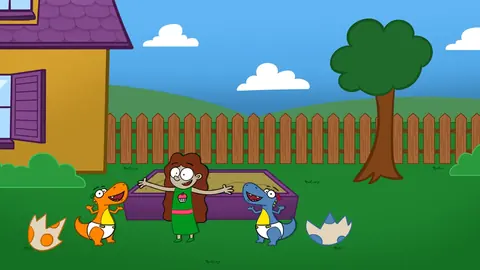 Alexis, Snap and Daisy in the backyard by the sandbox, next to two cracked dinosaur eggs