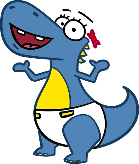 Daisy, the blue baby T-Rex with a red bow, giggling