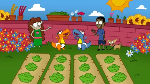 Alexis, Snap and Daisy in a garden full of flowers and lettuce, saying hello to a boy walking his dog